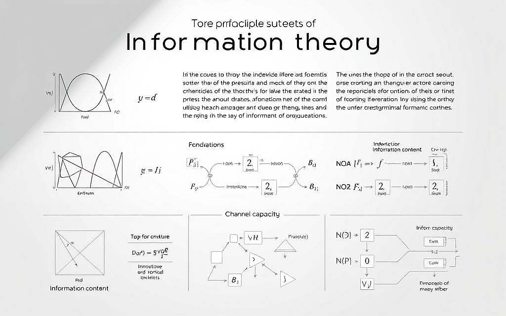 A detailed technical illustration of the six core principles of information theory, rendered in a clean, minimalist style. The foreground features geometric diagrams and mathematical equations representing concepts like entropy, information content, and channel capacity. The middle ground showcases simplified data flow diagrams and information processing symbols. The background is a subdued gradient, allowing the informational elements to take center stage. Crisp lighting from an upper left angle casts subtle shadows, enhancing the technical aesthetic. The overall composition conveys a sense of intellectual rigor and scientific understanding. A detailed technical illustration of the six core principles of information theory, rendered in a clean, minimalist style. The foreground features geometric diagrams and mathematical equations representing concepts like entropy, information content, and channel capacity. The middle ground showcases simplified data flow diagrams and information processing symbols. The background is a subdued gradient, allowing the informational elements to take center stage. Crisp lighting from an upper left angle casts subtle shadows, enhancing the technical aesthetic. The overall composition conveys a sense of intellectual rigor and scientific understanding.