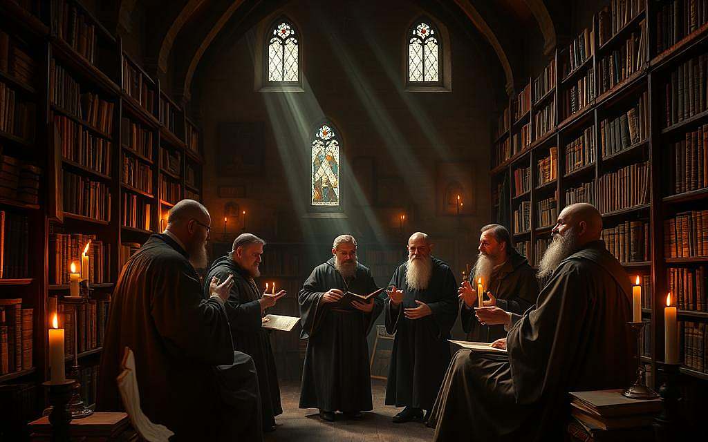 A dimly lit medieval library, bookshelves lining the walls, the glow of candlelight casting a warm, contemplative atmosphere. In the center, a group of philosophers engaged in deep discussion, their robes flowing as they gesture animatedly, lost in the exchange of ideas. The space is filled with the scent of aged parchment and the crackle of the flames, evoking a sense of intellectual curiosity and the pursuit of knowledge. Narrow shafts of light stream through stained glass windows, illuminating the philosophers' faces, their expressions a blend of concentration and inspiration. The scene captures the essence of the great thinkers of the Middle Ages, their intellectual networks shaping the course of Western philosophy. A dimly lit medieval library, bookshelves lining the walls, the glow of candlelight casting a warm, contemplative atmosphere. In the center, a group of philosophers engaged in deep discussion, their robes flowing as they gesture animatedly, lost in the exchange of ideas. The space is filled with the scent of aged parchment and the crackle of the flames, evoking a sense of intellectual curiosity and the pursuit of knowledge. Narrow shafts of light stream through stained glass windows, illuminating the philosophers' faces, their expressions a blend of concentration and inspiration. The scene captures the essence of the great thinkers of the Middle Ages, their intellectual networks shaping the course of Western philosophy.