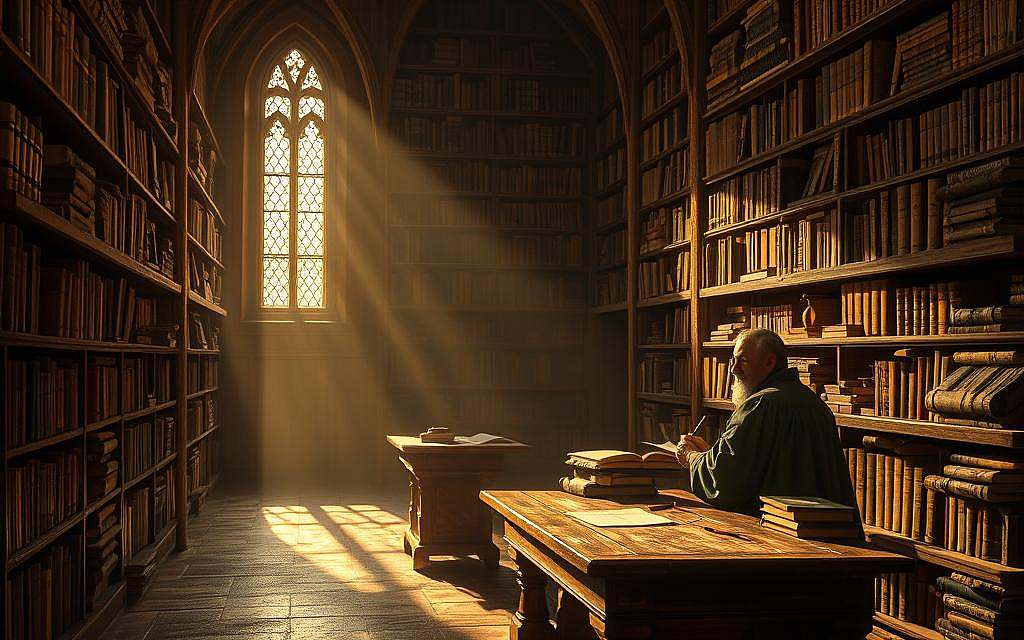 A dimly lit medieval library, brimming with ancient tomes and scrolls. Ornate wooden shelves line the walls, casting long shadows across the room. A solitary philosopher, garbed in a flowing robe, sits at a weathered oak desk, pen in hand, deep in contemplation. Shafts of warm, golden light filter through stained glass windows, illuminating the scene with a reverent glow. In the background, a towering bookcase stands as a testament to the rich intellectual heritage of the Middle Ages, where the ideas of Plato, Aristotle, and the Neoplatonists were meticulously studied and debated. A dimly lit medieval library, brimming with ancient tomes and scrolls. Ornate wooden shelves line the walls, casting long shadows across the room. A solitary philosopher, garbed in a flowing robe, sits at a weathered oak desk, pen in hand, deep in contemplation. Shafts of warm, golden light filter through stained glass windows, illuminating the scene with a reverent glow. In the background, a towering bookcase stands as a testament to the rich intellectual heritage of the Middle Ages, where the ideas of Plato, Aristotle, and the Neoplatonists were meticulously studied and debated.