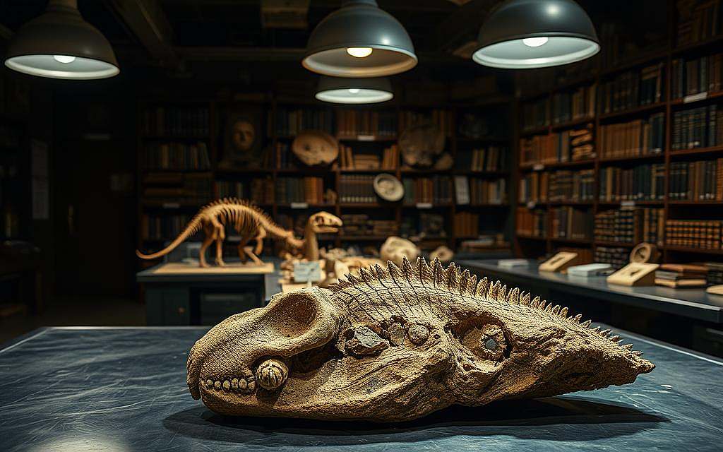 A dimly lit paleontology laboratory, illuminated by the soft glow of overhead lamps. In the foreground, a weathered fossil specimen rests on a gleaming steel table, its intricate details meticulously exposed. The middle ground reveals a collection of other fossils, arranged in a thoughtful display, hinting at the missing links and transitional forms that have long eluded the scientific community. In the background, a towering bookcase filled with dusty tomes and journals stands as a testament to the ongoing quest to unravel the mysteries of evolution. The scene exudes a sense of reverence and scholarly contemplation, inviting the viewer to ponder the gaps and uncertainties that continue to challenge the established theories of life's origins. A dimly lit paleontology laboratory, illuminated by the soft glow of overhead lamps. In the foreground, a weathered fossil specimen rests on a gleaming steel table, its intricate details meticulously exposed. The middle ground reveals a collection of other fossils, arranged in a thoughtful display, hinting at the missing links and transitional forms that have long eluded the scientific community. In the background, a towering bookcase filled with dusty tomes and journals stands as a testament to the ongoing quest to unravel the mysteries of evolution. The scene exudes a sense of reverence and scholarly contemplation, inviting the viewer to ponder the gaps and uncertainties that continue to challenge the established theories of life's origins.