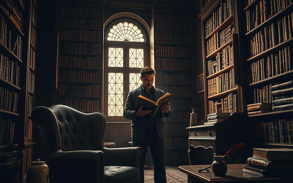A dimly lit study, dominated by a towering bookshelf overflowing with ancient tomes. In the foreground, a weathered armchair sits in contemplation, a quill and inkwell resting on a nearby mahogany desk. Soft, golden light filters through the leaded-glass windows, casting long shadows across the room. In the center, a figure stands, brow furrowed, poring over a large, leather-bound volume, a questioning expression on their face. The air is heavy with the scent of old books and the weight of deep, philosophical inquiry. The scene evokes a sense of critical examination, a challenge to the cyclical nature of the "Wiederkehr-Theorie." A dimly lit study, dominated by a towering bookshelf overflowing with ancient tomes. In the foreground, a weathered armchair sits in contemplation, a quill and inkwell resting on a nearby mahogany desk. Soft, golden light filters through the leaded-glass windows, casting long shadows across the room. In the center, a figure stands, brow furrowed, poring over a large, leather-bound volume, a questioning expression on their face. The air is heavy with the scent of old books and the weight of deep, philosophical inquiry. The scene evokes a sense of critical examination, a challenge to the cyclical nature of the "Wiederkehr-Theorie."