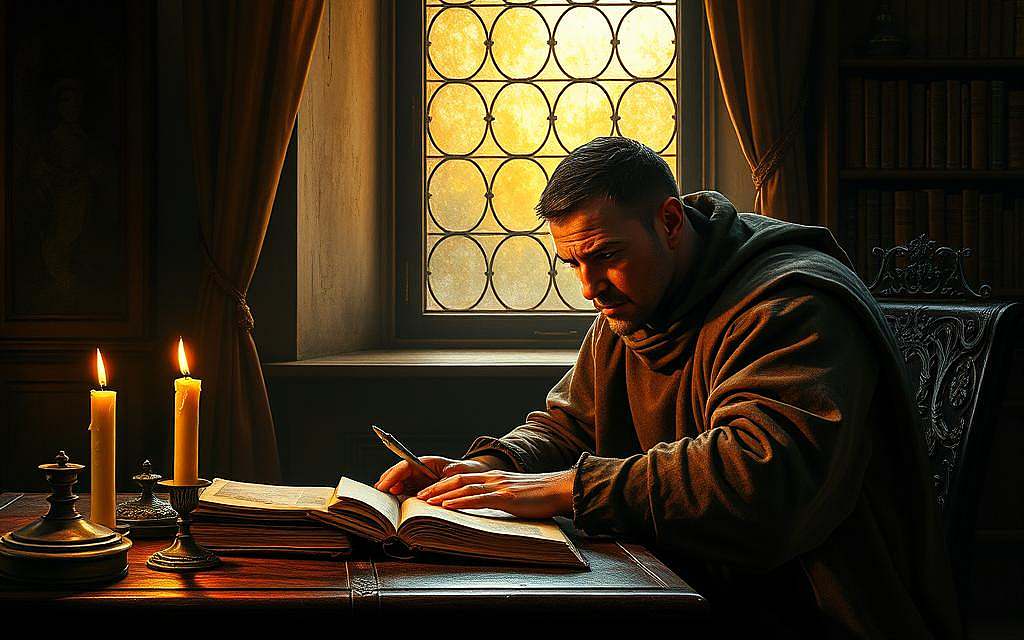 A dimly lit study, illuminated by a single candle flickering on an ornate wooden desk. Cusanus, the great 15th-century philosopher, sits hunched over ancient tomes, his brow furrowed in deep contemplation. The room is draped in rich, somber colors, with a large window casting a soft, golden glow on the scene. Cusanus' features are sharp and intense, capturing the intellectual rigor and spiritual depth that defined his groundbreaking work "De Docta Ignorantia." The atmosphere is one of profound introspection, as if the viewer is granted a rare glimpse into the mind of this pivotal figure on the cusp of the Renaissance. A dimly lit study, illuminated by a single candle flickering on an ornate wooden desk. Cusanus, the great 15th-century philosopher, sits hunched over ancient tomes, his brow furrowed in deep contemplation. The room is draped in rich, somber colors, with a large window casting a soft, golden glow on the scene. Cusanus' features are sharp and intense, capturing the intellectual rigor and spiritual depth that defined his groundbreaking work "De Docta Ignorantia." The atmosphere is one of profound introspection, as if the viewer is granted a rare glimpse into the mind of this pivotal figure on the cusp of the Renaissance.