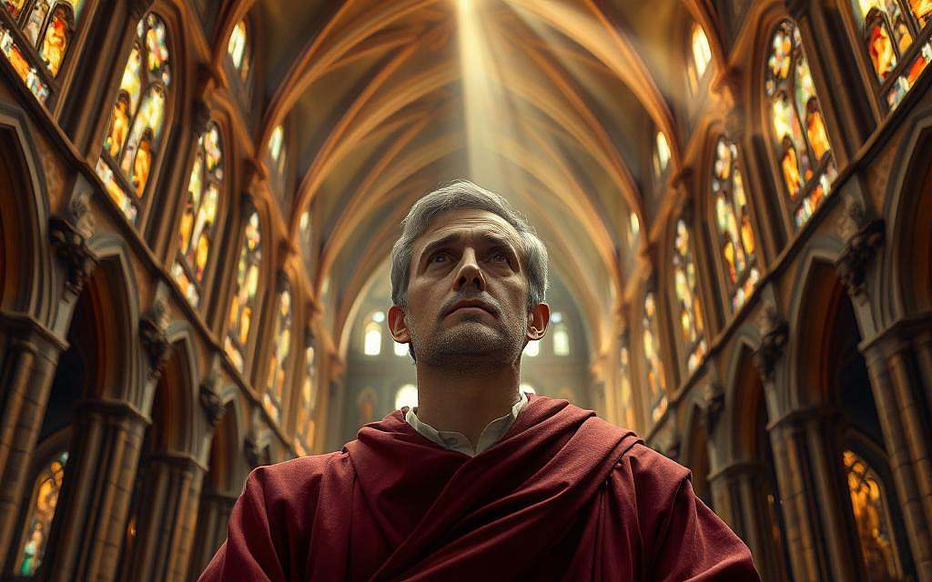 A grand cathedral interior, the vaulted ceiling soaring overhead, shafts of golden light streaming through stained glass windows. In the center, a philosopher in deep contemplation, clad in robes of rich burgundy. His face is intense, brows furrowed as he ponders the mysteries of Neoplatonism, the philosophical tradition he helped revive in the early medieval era. The atmosphere is one of profound intellectual inquiry, the air heavy with the weight of weighty ideas. A sense of timelessness pervades the scene, as if this moment of deep reflection could have occurred centuries ago or even today. The composition draws the viewer's eye inexorably towards the central figure, the embodiment of Eriugena's enduring influence on medieval thought.