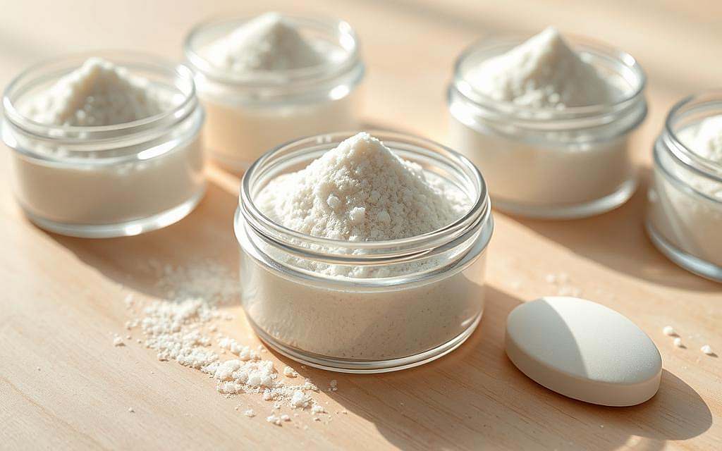 A high-quality, close-up photograph of several pure white beta-glucan powder supplements, displayed on a plain light wood table. The supplements are in small glass jars or plastic containers, showcasing their purity and transparency. Soft, warm lighting from the side creates gentle shadows, highlighting the fine texture and granular nature of the beta-glucan powder. The image conveys a sense of natural wellness, purity, and the quality attributes of this nutritional supplement. The focus is crisp, and the depth of field is shallow, keeping the beta-glucan supplements in sharp focus while blurring the background for a clean, minimalist aesthetic. A high-quality, close-up photograph of several pure white beta-glucan powder supplements, displayed on a plain light wood table. The supplements are in small glass jars or plastic containers, showcasing their purity and transparency. Soft, warm lighting from the side creates gentle shadows, highlighting the fine texture and granular nature of the beta-glucan powder. The image conveys a sense of natural wellness, purity, and the quality attributes of this nutritional supplement. The focus is crisp, and the depth of field is shallow, keeping the beta-glucan supplements in sharp focus while blurring the background for a clean, minimalist aesthetic.