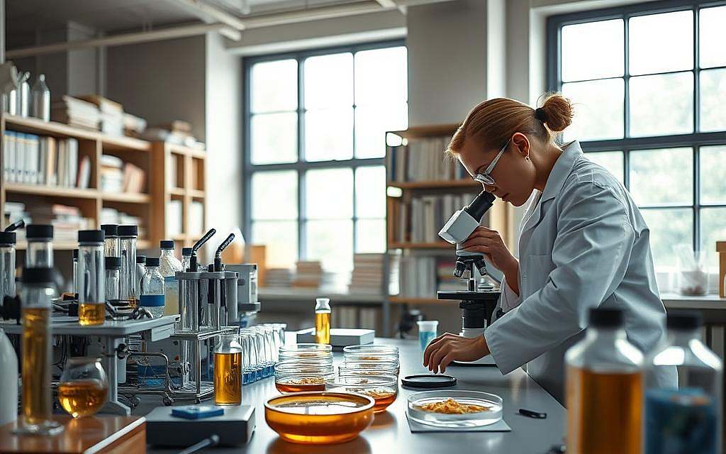 A laboratory workspace with a focus on beta-glucane research. In the foreground, intricate lab equipment, test tubes, and petri dishes filled with samples. A scientist in a white coat leans over a microscope, studying the cellular structures of the beta-glucane compounds. In the middle ground, shelves of reference books and scientific journals line the walls, hinting at the depth of knowledge required for this specialized field. The background is softly lit, creating a contemplative atmosphere conducive to deep scientific inquiry. Diffused natural light streams in through large windows, illuminating the workspace and giving a sense of openness and discovery. The overall scene conveys a dedicated, research-driven environment where the nuances of beta-glucane's role in supporting the immune system are meticulously explored. A laboratory workspace with a focus on beta-glucane research. In the foreground, intricate lab equipment, test tubes, and petri dishes filled with samples. A scientist in a white coat leans over a microscope, studying the cellular structures of the beta-glucane compounds. In the middle ground, shelves of reference books and scientific journals line the walls, hinting at the depth of knowledge required for this specialized field. The background is softly lit, creating a contemplative atmosphere conducive to deep scientific inquiry. Diffused natural light streams in through large windows, illuminating the workspace and giving a sense of openness and discovery. The overall scene conveys a dedicated, research-driven environment where the nuances of beta-glucane's role in supporting the immune system are meticulously explored.