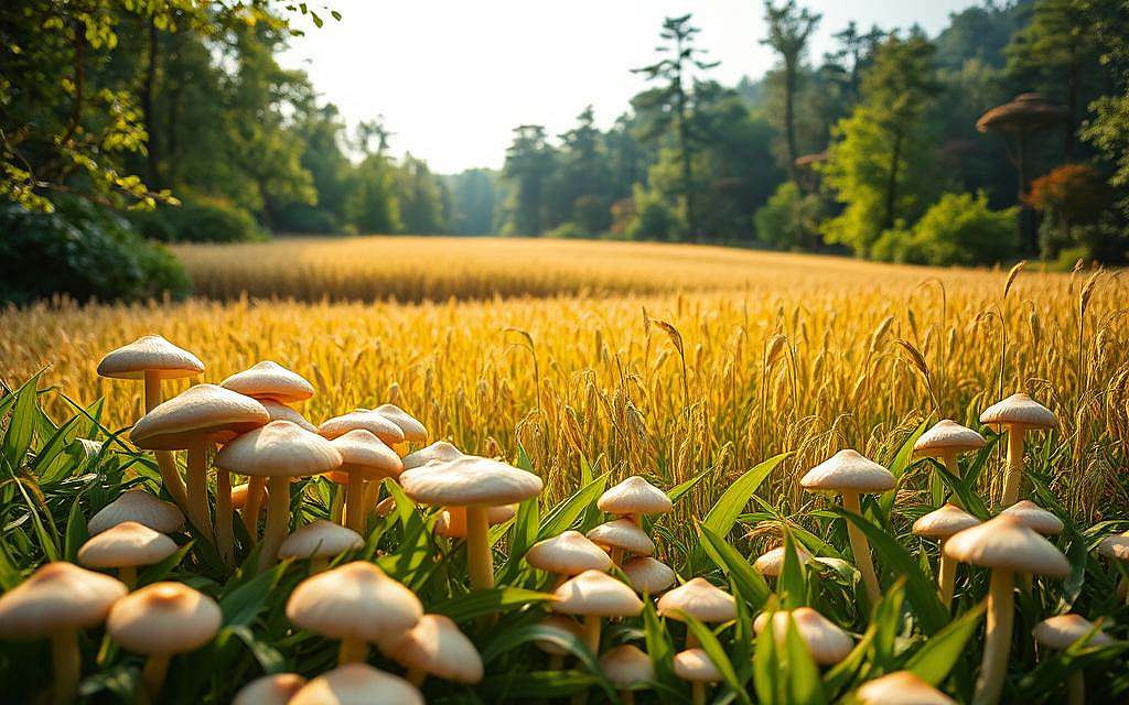 A lush, verdant landscape filled with various natural sources of beta-glucans. In the foreground, a bountiful mushroom patch, their caps glistening in the warm, diffused sunlight. In the middle ground, a field of oats sways gently in the breeze, their golden stalks rich in beta-glucan content. Beyond, a thick forest of reishi and shiitake mushrooms stand tall, their vibrant hues a testament to their potent beta-glucan properties. The scene is bathed in a soft, natural lighting, creating a serene and inviting atmosphere that celebrates the bounty of nature's health-promoting compounds. A lush, verdant landscape filled with various natural sources of beta-glucans. In the foreground, a bountiful mushroom patch, their caps glistening in the warm, diffused sunlight. In the middle ground, a field of oats sways gently in the breeze, their golden stalks rich in beta-glucan content. Beyond, a thick forest of reishi and shiitake mushrooms stand tall, their vibrant hues a testament to their potent beta-glucan properties. The scene is bathed in a soft, natural lighting, creating a serene and inviting atmosphere that celebrates the bounty of nature's health-promoting compounds.