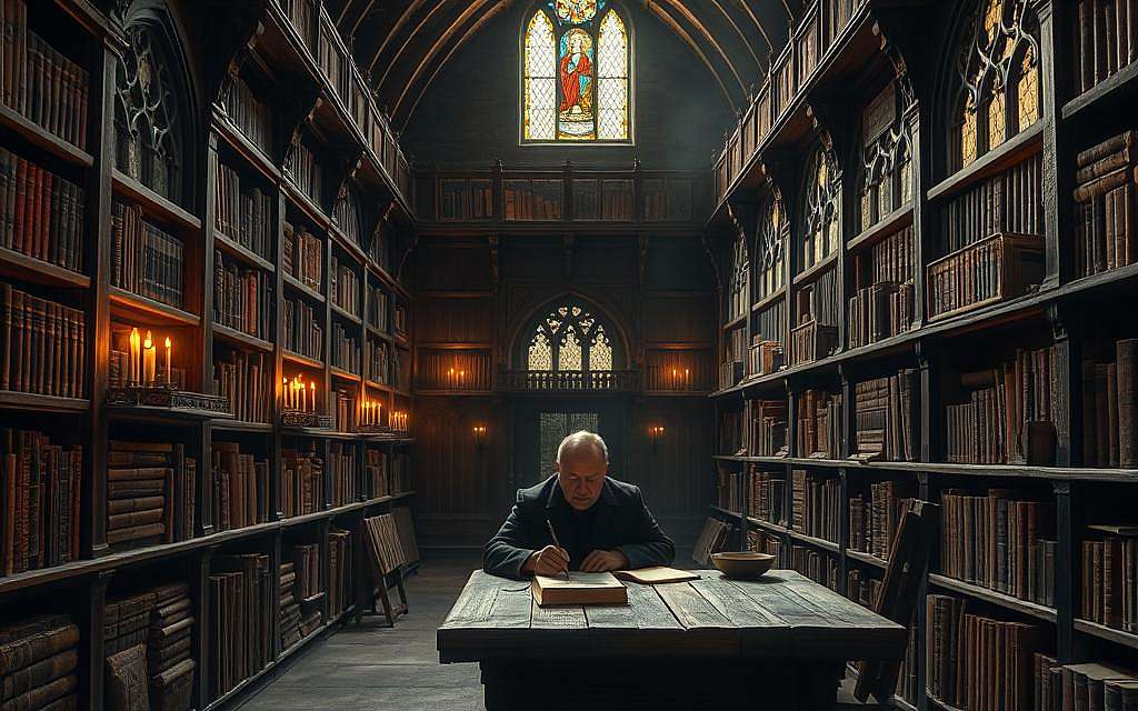 A medieval library interior, dimly lit by flickering candles and sunlight filtering through stained glass windows. Rows of heavy oak shelves line the walls, laden with ancient tomes bound in worn leather. A lone scholar, pensive and contemplative, sits at a weathered wooden desk, quill in hand, pondering the great philosophical questions of the era. The atmosphere is one of intellectual rigor, spiritual contemplation, and the echoes of centuries-old debates. The scene evokes a sense of the institutional frameworks and environments that shaped the minds of medieval thinkers, from Eriugena to Cusanus. A medieval library interior, dimly lit by flickering candles and sunlight filtering through stained glass windows. Rows of heavy oak shelves line the walls, laden with ancient tomes bound in worn leather. A lone scholar, pensive and contemplative, sits at a weathered wooden desk, quill in hand, pondering the great philosophical questions of the era. The atmosphere is one of intellectual rigor, spiritual contemplation, and the echoes of centuries-old debates. The scene evokes a sense of the institutional frameworks and environments that shaped the minds of medieval thinkers, from Eriugena to Cusanus.