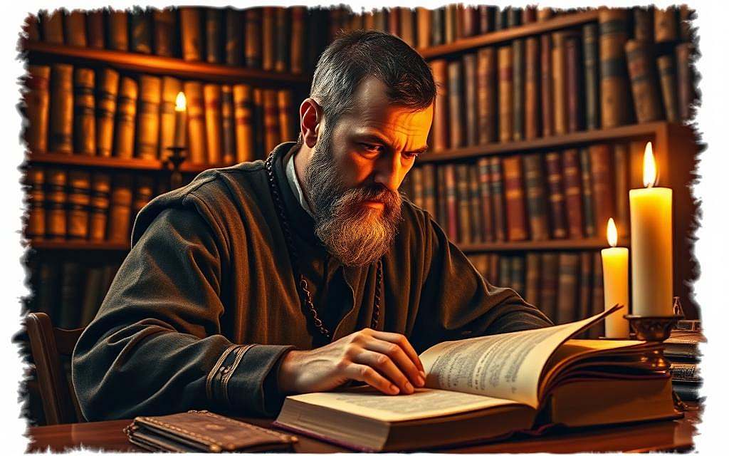 A medieval philosopher sits at a desk, engrossed in poring over ancient tomes, his brow furrowed in contemplation. The warm glow of candlelight illuminates his weathered features, casting dramatic shadows that accentuate the intensity of his expression. In the background, a vast library of leather-bound volumes lines the walls, suggesting the wealth of knowledge he seeks to harness. The scene conveys the solitary pursuit of dialectical reasoning, the foundational method of "Abaelard Dialektik" that shaped the intellectual landscape of the Middle Ages. A medieval philosopher sits at a desk, engrossed in poring over ancient tomes, his brow furrowed in contemplation. The warm glow of candlelight illuminates his weathered features, casting dramatic shadows that accentuate the intensity of his expression. In the background, a vast library of leather-bound volumes lines the walls, suggesting the wealth of knowledge he seeks to harness. The scene conveys the solitary pursuit of dialectical reasoning, the foundational method of "Abaelard Dialektik" that shaped the intellectual landscape of the Middle Ages.