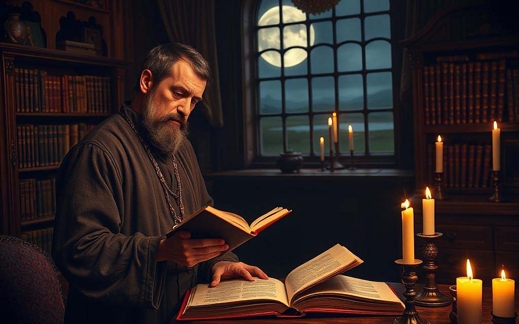 A medieval philosopher stands in a dimly lit study, poring over ancient tomes by the warm glow of candlelight. The room is adorned with ornate wooden furnishings, heavy draperies, and a large, ornate desk. In the background, a bookshelf filled with leather-bound volumes and a window overlooking a moonlit landscape evoke the contemplative atmosphere of the Middle Ages. The philosopher's expression is one of deep concentration, his brow furrowed as he delves into the complexities of scholastic thought. The lighting casts dramatic shadows, adding depth and mystery to the scene. This image captures the intellectual rigor and spiritual curiosity that defined the great thinkers of the medieval period. A medieval philosopher stands in a dimly lit study, poring over ancient tomes by the warm glow of candlelight. The room is adorned with ornate wooden furnishings, heavy draperies, and a large, ornate desk. In the background, a bookshelf filled with leather-bound volumes and a window overlooking a moonlit landscape evoke the contemplative atmosphere of the Middle Ages. The philosopher's expression is one of deep concentration, his brow furrowed as he delves into the complexities of scholastic thought. The lighting casts dramatic shadows, adding depth and mystery to the scene. This image captures the intellectual rigor and spiritual curiosity that defined the great thinkers of the medieval period.