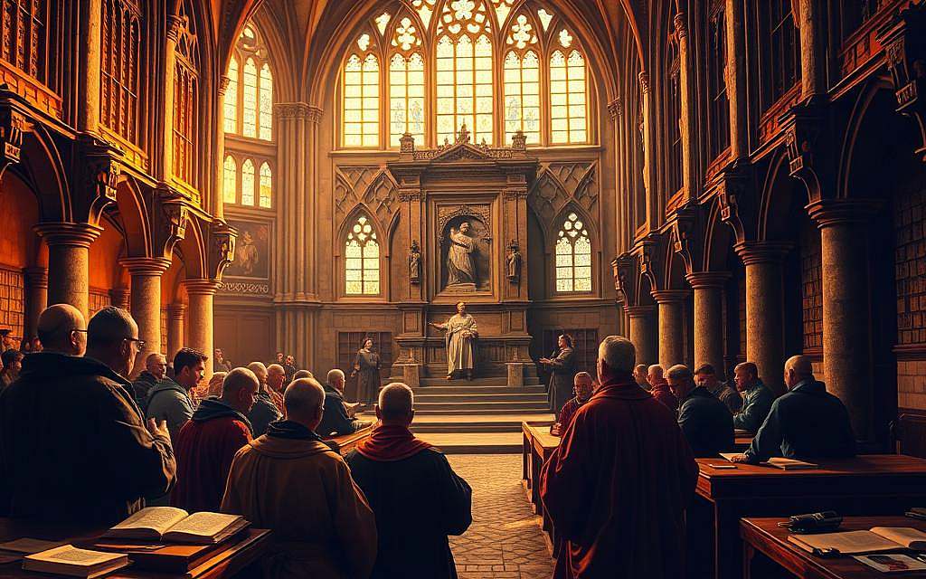 A medieval philosophical tableau: A grand cathedral interior with soaring arches and stained glass windows, bathed in warm, golden light. In the foreground, a group of scholars in robes and caps, engaged in deep discussion, surrounded by ancient tomes and scrolls. In the middle ground, a grand stone pulpit where a philosopher delivers a lecture, gesturing animatedly. In the background, shadowy figures pore over manuscripts at wooden desks. An atmosphere of contemplation, learning, and the pursuit of wisdom pervades the scene. A medieval philosophical tableau: A grand cathedral interior with soaring arches and stained glass windows, bathed in warm, golden light. In the foreground, a group of scholars in robes and caps, engaged in deep discussion, surrounded by ancient tomes and scrolls. In the middle ground, a grand stone pulpit where a philosopher delivers a lecture, gesturing animatedly. In the background, shadowy figures pore over manuscripts at wooden desks. An atmosphere of contemplation, learning, and the pursuit of wisdom pervades the scene.