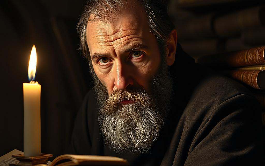 A medieval scholar in a dimly lit study, Wilhelm von Ockham gazes intently, his weathered face illuminated by the warm glow of a single candle. The philosopher's piercing eyes reflect deep contemplation, his brow furrowed as he ponders the nature of universals and particulars. Surrounding him, leather-bound volumes of ancient texts and parchments speak to his erudition and the intellectual ferment of the era. A subtle play of chiaroscuro casts dramatic shadows, heightening the sense of intellectual rigor and the man's singular focus. The scene evokes the dawn of nominalism, a pivotal moment in the history of medieval philosophy. A medieval scholar in a dimly lit study, Wilhelm von Ockham gazes intently, his weathered face illuminated by the warm glow of a single candle. The philosopher's piercing eyes reflect deep contemplation, his brow furrowed as he ponders the nature of universals and particulars. Surrounding him, leather-bound volumes of ancient texts and parchments speak to his erudition and the intellectual ferment of the era. A subtle play of chiaroscuro casts dramatic shadows, heightening the sense of intellectual rigor and the man's singular focus. The scene evokes the dawn of nominalism, a pivotal moment in the history of medieval philosophy.