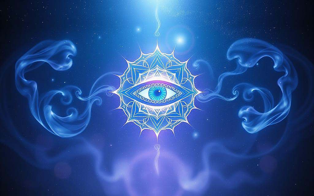 A mystical and ethereal depiction of the Ajna chakra, the third eye. In the center, an intricate and luminous symbol representing intuition, spiritual awareness, and the gateway to higher consciousness. Surrounding it, swirling energy fields and mist-like wisps in shimmering hues of indigo, violet, and silver. The background is a deep, starry night sky, suggesting the transcendent, cosmic nature of this spiritual center. Soft, diffuse lighting casts an otherworldly glow, evoking a sense of tranquility and inner focus. The composition is balanced and symmetrical, guiding the viewer's attention to the powerful third eye symbol at the heart of the image. A mystical and ethereal depiction of the Ajna chakra, the third eye. In the center, an intricate and luminous symbol representing intuition, spiritual awareness, and the gateway to higher consciousness. Surrounding it, swirling energy fields and mist-like wisps in shimmering hues of indigo, violet, and silver. The background is a deep, starry night sky, suggesting the transcendent, cosmic nature of this spiritual center. Soft, diffuse lighting casts an otherworldly glow, evoking a sense of tranquility and inner focus. The composition is balanced and symmetrical, guiding the viewer's attention to the powerful third eye symbol at the heart of the image.