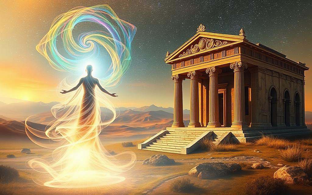 A mystical, ethereal landscape depicting the spiritual dimensions of the eternal recurrence theory. In the foreground, a glowing, ethereal figure hovers, representing the cyclical nature of existence. Swirling, colorful energy fields dance around the figure, visualizing the interconnectedness of all things. The middle ground features an ancient, weathered temple, its ornate architecture and intricate carvings symbolizing the timeless wisdom of this philosophical concept. In the distance, rolling hills and a starry, cosmic sky create a sense of infinite, boundless possibilities. Warm, soft lighting bathes the scene, evoking a sense of serenity and contemplation. Tones of gold, azure, and amethyst create an enchanting, otherworldly atmosphere, reflecting the profound, spiritual dimensions of the eternal return. A mystical, ethereal landscape depicting the spiritual dimensions of the eternal recurrence theory. In the foreground, a glowing, ethereal figure hovers, representing the cyclical nature of existence. Swirling, colorful energy fields dance around the figure, visualizing the interconnectedness of all things. The middle ground features an ancient, weathered temple, its ornate architecture and intricate carvings symbolizing the timeless wisdom of this philosophical concept. In the distance, rolling hills and a starry, cosmic sky create a sense of infinite, boundless possibilities. Warm, soft lighting bathes the scene, evoking a sense of serenity and contemplation. Tones of gold, azure, and amethyst create an enchanting, otherworldly atmosphere, reflecting the profound, spiritual dimensions of the eternal return.