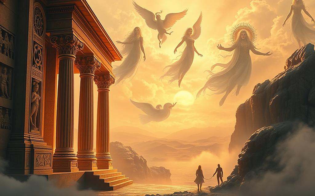 A mystical landscape where the echoes of ancient myths intertwine with the cyclical nature of existence. In the foreground, a towering temple facade stands as a gateway to the realms of the divine, its intricate carvings and columns bathed in a warm, amber glow. Floating above, ethereal figures representative of mythological archetypes linger, their forms shifting and merging, symbolizing the perpetual return of universal themes. The middle ground reveals a vast, mountainous horizon, shrouded in a hazy, dreamlike mist, hinting at the endless cycle of time and the eternal recurrence of ideas. The overall scene conveys a sense of timelessness, where the boundaries between the mortal and the immortal, the past and the present, are blurred, inviting the viewer to ponder the nature of existence and the role of mythology in shaping our understanding of the world. A mystical landscape where the echoes of ancient myths intertwine with the cyclical nature of existence. In the foreground, a towering temple facade stands as a gateway to the realms of the divine, its intricate carvings and columns bathed in a warm, amber glow. Floating above, ethereal figures representative of mythological archetypes linger, their forms shifting and merging, symbolizing the perpetual return of universal themes. The middle ground reveals a vast, mountainous horizon, shrouded in a hazy, dreamlike mist, hinting at the endless cycle of time and the eternal recurrence of ideas. The overall scene conveys a sense of timelessness, where the boundaries between the mortal and the immortal, the past and the present, are blurred, inviting the viewer to ponder the nature of existence and the role of mythology in shaping our understanding of the world.