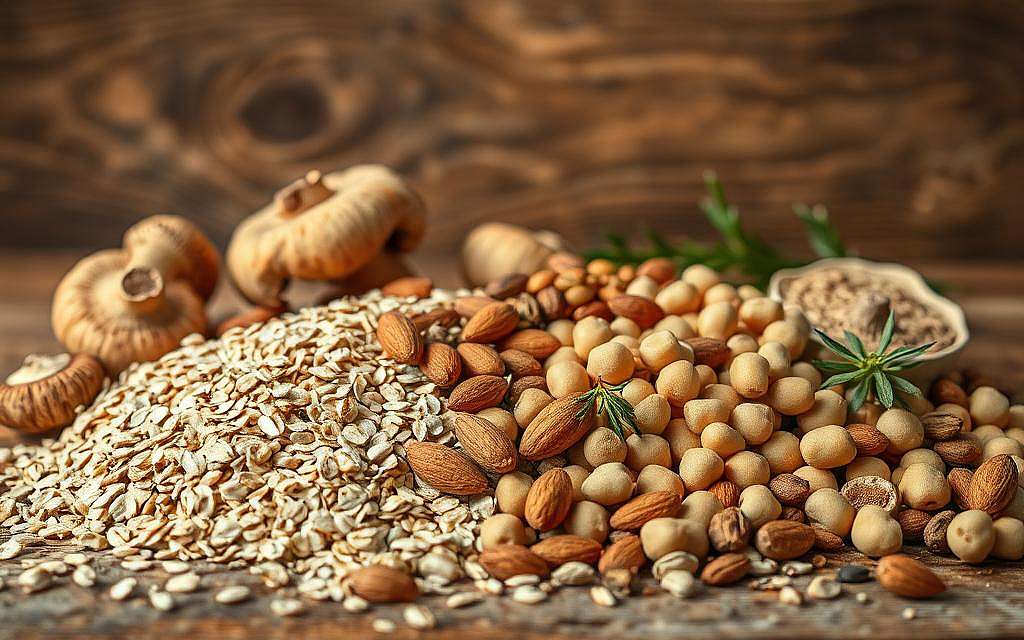 A nutritious still life featuring a variety of whole grains, legumes, and nuts against a warm, earthy backdrop. The foreground showcases a scattered arrangement of beta-glucan-rich oats, barley, and shiitake mushrooms, their textures and colors contrasting with the smooth, matte surfaces of almonds and chickpeas. The middle ground features a scattering of dried herbs, spices, and seeds, hinting at the flavorful properties of these nourishing ingredients. The background depicts a rustic wooden table or surface, with soft, diffused lighting casting gentle shadows and highlighting the natural tones and grains of the materials. The overall composition conveys a sense of wholesome, hearty nourishment, reflecting the article's focus on the anti-inflammatory benefits of beta-glucans in the diet. A nutritious still life featuring a variety of whole grains, legumes, and nuts against a warm, earthy backdrop. The foreground showcases a scattered arrangement of beta-glucan-rich oats, barley, and shiitake mushrooms, their textures and colors contrasting with the smooth, matte surfaces of almonds and chickpeas. The middle ground features a scattering of dried herbs, spices, and seeds, hinting at the flavorful properties of these nourishing ingredients. The background depicts a rustic wooden table or surface, with soft, diffused lighting casting gentle shadows and highlighting the natural tones and grains of the materials. The overall composition conveys a sense of wholesome, hearty nourishment, reflecting the article's focus on the anti-inflammatory benefits of beta-glucans in the diet.