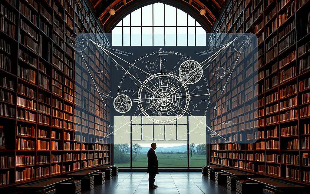 A panoramic view of a vast academic library, its towering bookshelves illuminated by warm, ambient lighting. In the foreground, a solitary figure, a philosopher-scientist, stands deep in contemplation, surrounded by the physical embodiment of the "Wissenschaftstheoretische Einordnung der Evolutionskritik" - the philosophical and theoretical underpinnings of the critique of evolutionary theory. The middle ground is occupied by a holographic display, projecting intricate diagrams and equations that explore the epistemological foundations of this ongoing scientific discourse. In the background, a large window offers a glimpse of a serene, pastoral landscape, symbolizing the broader context in which this intellectual debate is situated. A panoramic view of a vast academic library, its towering bookshelves illuminated by warm, ambient lighting. In the foreground, a solitary figure, a philosopher-scientist, stands deep in contemplation, surrounded by the physical embodiment of the "Wissenschaftstheoretische Einordnung der Evolutionskritik" - the philosophical and theoretical underpinnings of the critique of evolutionary theory. The middle ground is occupied by a holographic display, projecting intricate diagrams and equations that explore the epistemological foundations of this ongoing scientific discourse. In the background, a large window offers a glimpse of a serene, pastoral landscape, symbolizing the broader context in which this intellectual debate is situated.