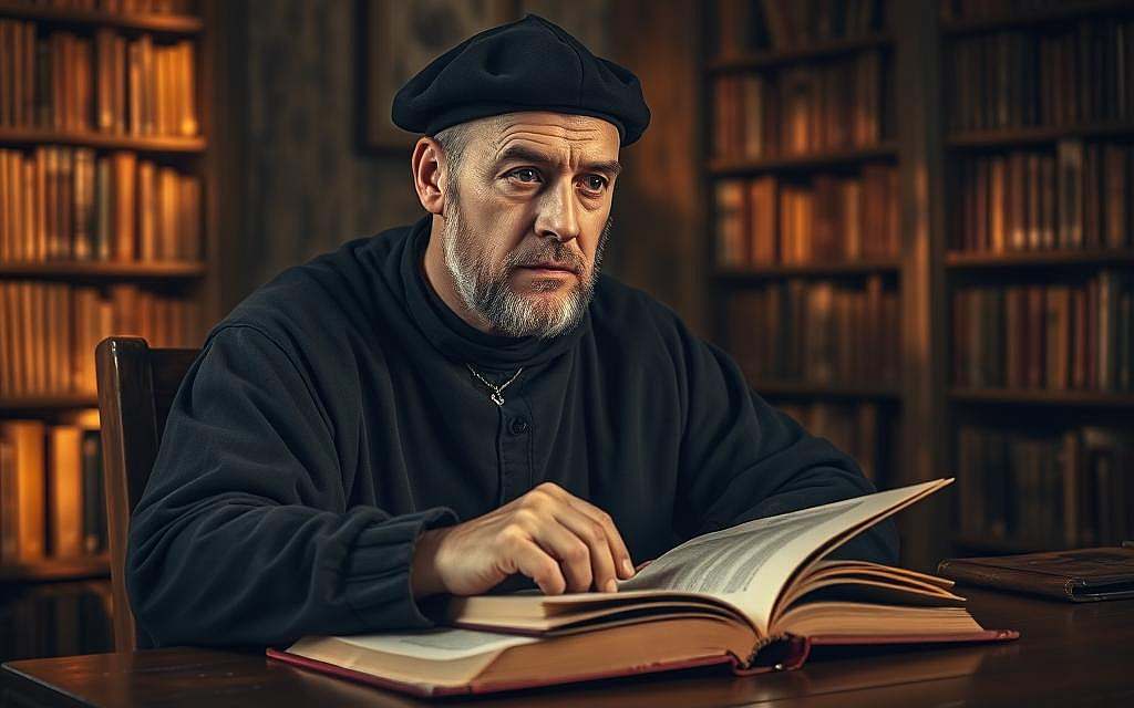 A pensive, middle-aged man with a thoughtful gaze, clad in a dark robe and cap, sits at a wooden desk in a dimly lit, medieval study. Bookshelves line the walls, casting warm, amber shadows across the scene. The man's fingers rest on an open tome, his expression one of deep contemplation, as if grappling with the profound questions of the universe. Soft, directional lighting illuminates his face, highlighting the sharp features and intense focus that characterize the renowned philosopher, theologian, and Franciscan friar, John Duns Scotus, known as the "Subtle Doctor". A pensive, middle-aged man with a thoughtful gaze, clad in a dark robe and cap, sits at a wooden desk in a dimly lit, medieval study. Bookshelves line the walls, casting warm, amber shadows across the scene. The man's fingers rest on an open tome, his expression one of deep contemplation, as if grappling with the profound questions of the universe. Soft, directional lighting illuminates his face, highlighting the sharp features and intense focus that characterize the renowned philosopher, theologian, and Franciscan friar, John Duns Scotus, known as the "Subtle Doctor".