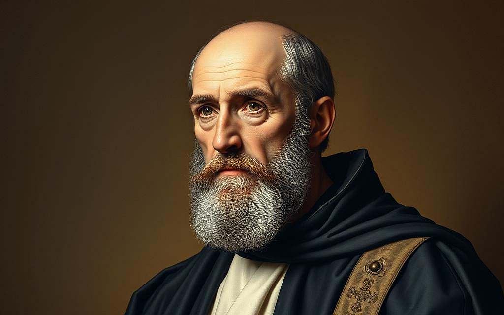 A portrait of Thomas von Aquin, the renowned medieval philosopher, theologian, and Doctor of the Church. Depicted in a thoughtful, contemplative pose, his weathered yet serene face illuminated by a soft, diffused light that emanates from the upper left, casting gentle shadows across his features. He is dressed in the traditional black and white robes of a Dominican friar, a symbol of his unwavering devotion to faith and reason. The background is a muted, earthy palette, providing a subtle, understated contrast that allows the subject to take center stage. The overall composition conveys a sense of intellectual gravitas and spiritual contemplation, befitting the esteemed thinker who sought to reconcile the teachings of Aristotle with Christian theology. A portrait of Thomas von Aquin, the renowned medieval philosopher, theologian, and Doctor of the Church. Depicted in a thoughtful, contemplative pose, his weathered yet serene face illuminated by a soft, diffused light that emanates from the upper left, casting gentle shadows across his features. He is dressed in the traditional black and white robes of a Dominican friar, a symbol of his unwavering devotion to faith and reason. The background is a muted, earthy palette, providing a subtle, understated contrast that allows the subject to take center stage. The overall composition conveys a sense of intellectual gravitas and spiritual contemplation, befitting the esteemed thinker who sought to reconcile the teachings of Aristotle with Christian theology.