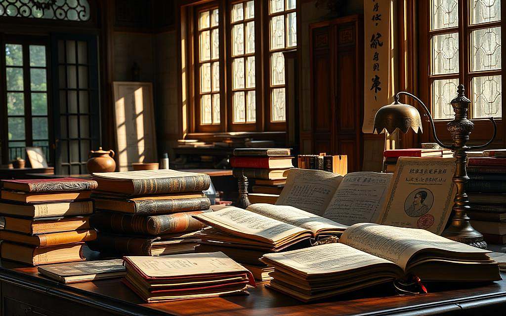 A scholarly study of ancient Chinese philosophy. A dense collection of antique books and scrolls, their weathered pages revealing the profound wisdom of Lao Tzu's Dao De Jing. Sunlight streams through tall windows, casting warm shadows across the desk. The books are carefully arranged, their leather bindings and delicate calligraphy inviting deeper study. An ornate brass lamp casts a soft glow, while a contemplative mood pervades the scene. The viewer is drawn into a serene, intellectual environment, ready to explore the nuanced interpretations and translations of this timeless classic. A scholarly study of ancient Chinese philosophy. A dense collection of antique books and scrolls, their weathered pages revealing the profound wisdom of Lao Tzu's Dao De Jing. Sunlight streams through tall windows, casting warm shadows across the desk. The books are carefully arranged, their leather bindings and delicate calligraphy inviting deeper study. An ornate brass lamp casts a soft glow, while a contemplative mood pervades the scene. The viewer is drawn into a serene, intellectual environment, ready to explore the nuanced interpretations and translations of this timeless classic.