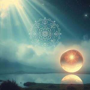 A serene and ethereal vision of spiritual wisdom in the modern world. A luminescent spiral of ancient symbols and glowing geometric patterns, floating amidst a ethereal, mist-shrouded landscape. In the foreground, a levitating crystal sphere emits a soft, pulsing light, casting an otherworldly glow upon the scene. The middle ground features a tranquil, mirrored pond reflecting the celestial imagery above. In the background, towering mountains and a starry night sky, hinting at the vastness of the cosmos and the interconnectedness of all things. Dramatic cinematic lighting, with shafts of light piercing through the mist. Dreamlike, mystical, and imbued with a sense of timeless, esoteric knowledge.