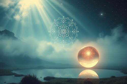 A serene and ethereal vision of spiritual wisdom in the modern world. A luminescent spiral of ancient symbols and glowing geometric patterns, floating amidst a ethereal, mist-shrouded landscape. In the foreground, a levitating crystal sphere emits a soft, pulsing light, casting an otherworldly glow upon the scene. The middle ground features a tranquil, mirrored pond reflecting the celestial imagery above. In the background, towering mountains and a starry night sky, hinting at the vastness of the cosmos and the interconnectedness of all things. Dramatic cinematic lighting, with shafts of light piercing through the mist. Dreamlike, mystical, and imbued with a sense of timeless, esoteric knowledge.