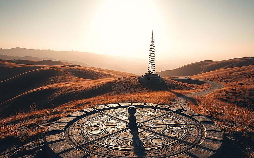 A serene, contemplative landscape of rolling hills and winding pathways, bathed in warm, golden light. In the foreground, an ancient, weathered sundial casts its shadow, a symbolic representation of the cyclical nature of time. The middle ground features a towering, spiraling structure, its form evoking the idea of repetition and eternal return. In the distance, a hazy, dreamlike horizon suggests the infinite recurrence of the universe. The overall atmosphere is one of tranquility and philosophical introspection, inviting the viewer to ponder the mysteries of time and existence. A serene, contemplative landscape of rolling hills and winding pathways, bathed in warm, golden light. In the foreground, an ancient, weathered sundial casts its shadow, a symbolic representation of the cyclical nature of time. The middle ground features a towering, spiraling structure, its form evoking the idea of repetition and eternal return. In the distance, a hazy, dreamlike horizon suggests the infinite recurrence of the universe. The overall atmosphere is one of tranquility and philosophical introspection, inviting the viewer to ponder the mysteries of time and existence.