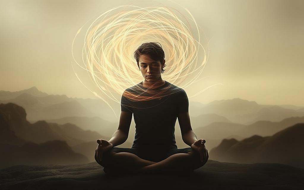 A serene, contemplative scene depicting the human consciousness. In the foreground, a pensive human figure sits in a meditative pose, their face obscured in deep thought. Surrounding them, a swirl of ethereal, glowing energy - symbolic of the mysteries and complexities of the mind. In the middle ground, an abstract landscape unfolds, with organic, flowing shapes and hues that evoke the subconscious. The background is cloaked in a soft, muted light, creating a sense of tranquility and introspection. The overall composition conveys a sense of the human capacity for deep philosophical and ethical reasoning, the essence of what sets our species apart. A serene, contemplative scene depicting the human consciousness. In the foreground, a pensive human figure sits in a meditative pose, their face obscured in deep thought. Surrounding them, a swirl of ethereal, glowing energy - symbolic of the mysteries and complexities of the mind. In the middle ground, an abstract landscape unfolds, with organic, flowing shapes and hues that evoke the subconscious. The background is cloaked in a soft, muted light, creating a sense of tranquility and introspection. The overall composition conveys a sense of the human capacity for deep philosophical and ethical reasoning, the essence of what sets our species apart.