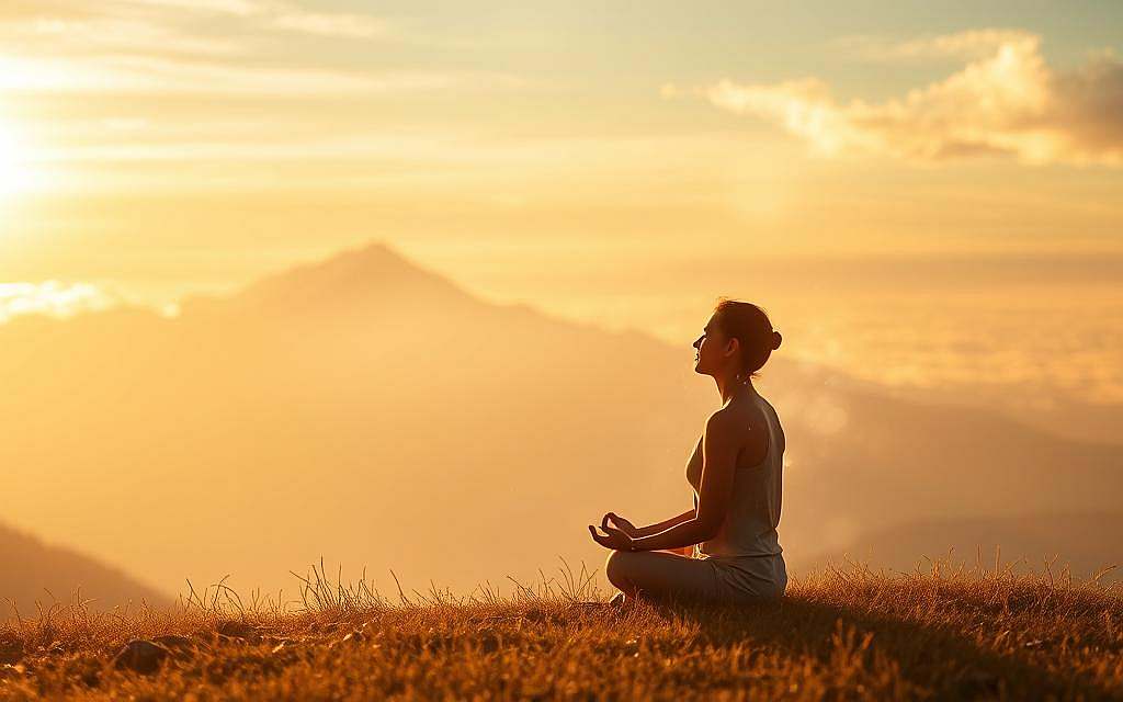 A serene, ethereal landscape bathed in warm, golden light. In the foreground, a figure sits cross-legged, eyes closed in deep meditation, their aura emanating a soft, luminous glow. Surrounding them, wisps of ethereal energy swirl and dance, creating a sense of heightened consciousness and inner peace. In the middle ground, a majestic mountain range rises, its peaks capped in pristine snow, symbolizing the ascent to higher states of awareness. The background is filled with a vast, expansive sky, dotted with wispy clouds that seem to stretch on endlessly, conveying a sense of boundless possibility and spiritual enlightenment. The overall atmosphere is one of tranquility, introspection, and the attainment of true happiness through the expansion of one's consciousness. A serene, ethereal landscape bathed in warm, golden light. In the foreground, a figure sits cross-legged, eyes closed in deep meditation, their aura emanating a soft, luminous glow. Surrounding them, wisps of ethereal energy swirl and dance, creating a sense of heightened consciousness and inner peace. In the middle ground, a majestic mountain range rises, its peaks capped in pristine snow, symbolizing the ascent to higher states of awareness. The background is filled with a vast, expansive sky, dotted with wispy clouds that seem to stretch on endlessly, conveying a sense of boundless possibility and spiritual enlightenment. The overall atmosphere is one of tranquility, introspection, and the attainment of true happiness through the expansion of one's consciousness.