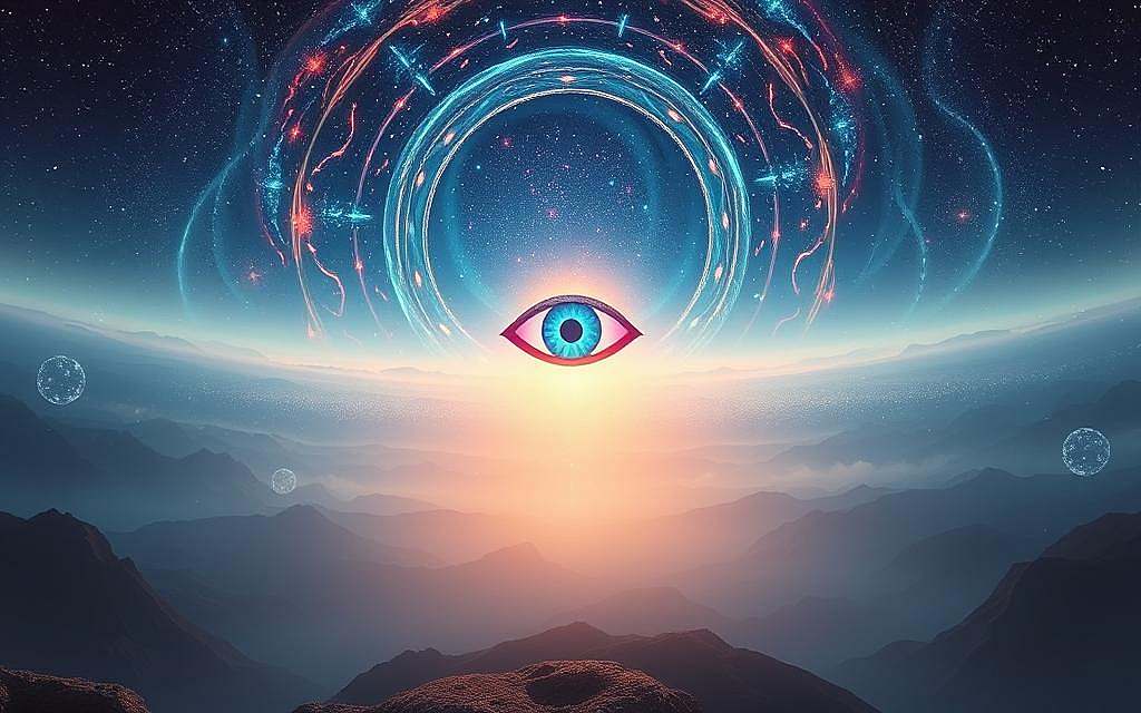 A serene, ethereal landscape of higher dimensions, where the Ajna Chakra resides. In the foreground, a vibrant, glowing third eye hovers, emanating an aura of profound wisdom and spiritual insight. The middle ground features a hypnotic, kaleidoscopic vortex of shifting, iridescent hues, hinting at the transcendent realms beyond the physical world. The background depicts a vast, cosmic expanse, teeming with shimmering stars and celestial phenomena, as if the viewer is gazing into the infinite depths of the universe. Soft, diffuse lighting bathes the scene in a mystical, otherworldly glow, evoking a sense of tranquility and transcendence. Captured with a wide-angle lens to convey the grandeur and expansiveness of this spiritual dimension. A serene, ethereal landscape of higher dimensions, where the Ajna Chakra resides. In the foreground, a vibrant, glowing third eye hovers, emanating an aura of profound wisdom and spiritual insight. The middle ground features a hypnotic, kaleidoscopic vortex of shifting, iridescent hues, hinting at the transcendent realms beyond the physical world. The background depicts a vast, cosmic expanse, teeming with shimmering stars and celestial phenomena, as if the viewer is gazing into the infinite depths of the universe. Soft, diffuse lighting bathes the scene in a mystical, otherworldly glow, evoking a sense of tranquility and transcendence. Captured with a wide-angle lens to convey the grandeur and expansiveness of this spiritual dimension.