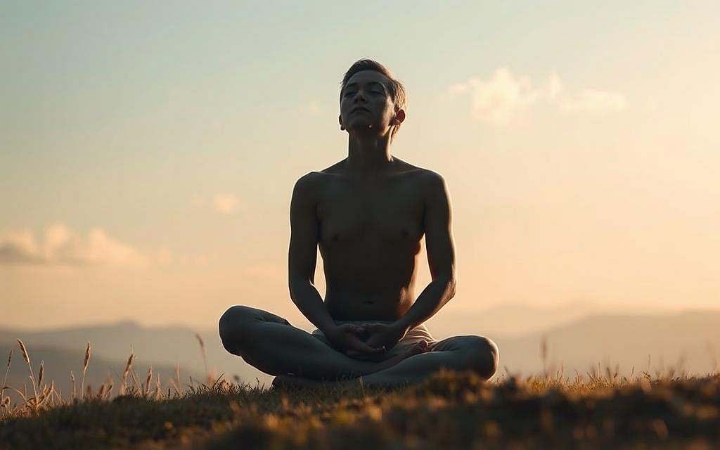 A serene figure in deep contemplation, seated cross-legged amidst a tranquil landscape. Soft, diffused lighting illuminates the scene, casting gentle shadows that accentuate the contours of the face and body. The background is a harmonious blend of muted colors, conveying a sense of introspection and inner focus. Wispy clouds drift overhead, subtly mirroring the calm, reflective mood. The overall composition emphasizes the solitary journey of self-discovery, inviting the viewer to pause and cultivate their own "Selbstreflexion" - the path to inner truth and authentic happiness. A serene figure in deep contemplation, seated cross-legged amidst a tranquil landscape. Soft, diffused lighting illuminates the scene, casting gentle shadows that accentuate the contours of the face and body. The background is a harmonious blend of muted colors, conveying a sense of introspection and inner focus. Wispy clouds drift overhead, subtly mirroring the calm, reflective mood. The overall composition emphasizes the solitary journey of self-discovery, inviting the viewer to pause and cultivate their own "Selbstreflexion" - the path to inner truth and authentic happiness.