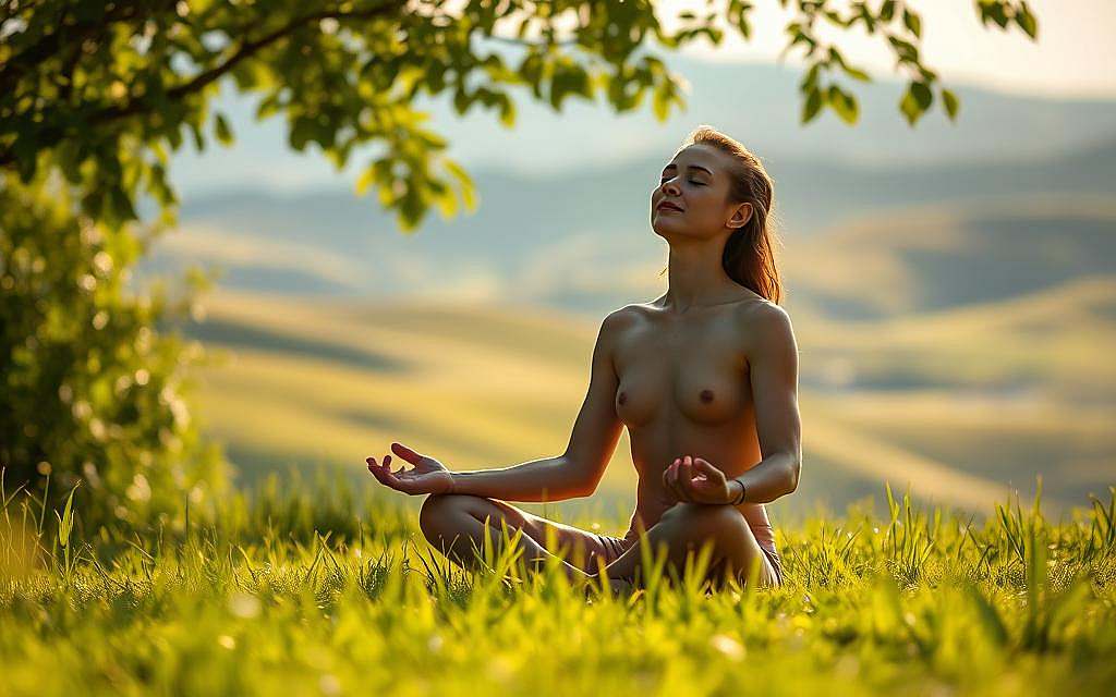 A serene figure sits cross-legged in a tranquil meadow, eyes closed in deep meditation. Soft sunlight filters through lush, verdant foliage, casting a warm, diffused glow over the scene. The figure's expression is one of profound peace and inner calm, radiating a sense of harmony and connection with the natural world. In the background, distant rolling hills recede into a hazy horizon, further emphasizing the tranquility and isolation of this meditative space. The overall atmosphere is one of introspection, mindfulness, and the discovery of true fulfillment within oneself. A serene figure sits cross-legged in a tranquil meadow, eyes closed in deep meditation. Soft sunlight filters through lush, verdant foliage, casting a warm, diffused glow over the scene. The figure's expression is one of profound peace and inner calm, radiating a sense of harmony and connection with the natural world. In the background, distant rolling hills recede into a hazy horizon, further emphasizing the tranquility and isolation of this meditative space. The overall atmosphere is one of introspection, mindfulness, and the discovery of true fulfillment within oneself.