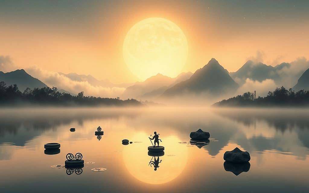 A serene, harmonious landscape depicting the parallels between the Dao De Jing and other philosophical traditions. In the foreground, a tranquil pond reflects the intertwining paths of Taoism, Buddhism, Confucianism, and Western philosophies, each represented by iconic symbols floating on the surface. In the middle ground, towering mountains shrouded in mist symbolize the profound mysteries and universal truths shared across these diverse belief systems. The background features a glowing celestial sky, hinting at the cosmic and spiritual dimensions underlying these philosophical convergences. The scene is bathed in a warm, ethereal light, conveying a sense of contemplation, harmony, and the timeless wisdom of these enduring traditions. A serene, harmonious landscape depicting the parallels between the Dao De Jing and other philosophical traditions. In the foreground, a tranquil pond reflects the intertwining paths of Taoism, Buddhism, Confucianism, and Western philosophies, each represented by iconic symbols floating on the surface. In the middle ground, towering mountains shrouded in mist symbolize the profound mysteries and universal truths shared across these diverse belief systems. The background features a glowing celestial sky, hinting at the cosmic and spiritual dimensions underlying these philosophical convergences. The scene is bathed in a warm, ethereal light, conveying a sense of contemplation, harmony, and the timeless wisdom of these enduring traditions.