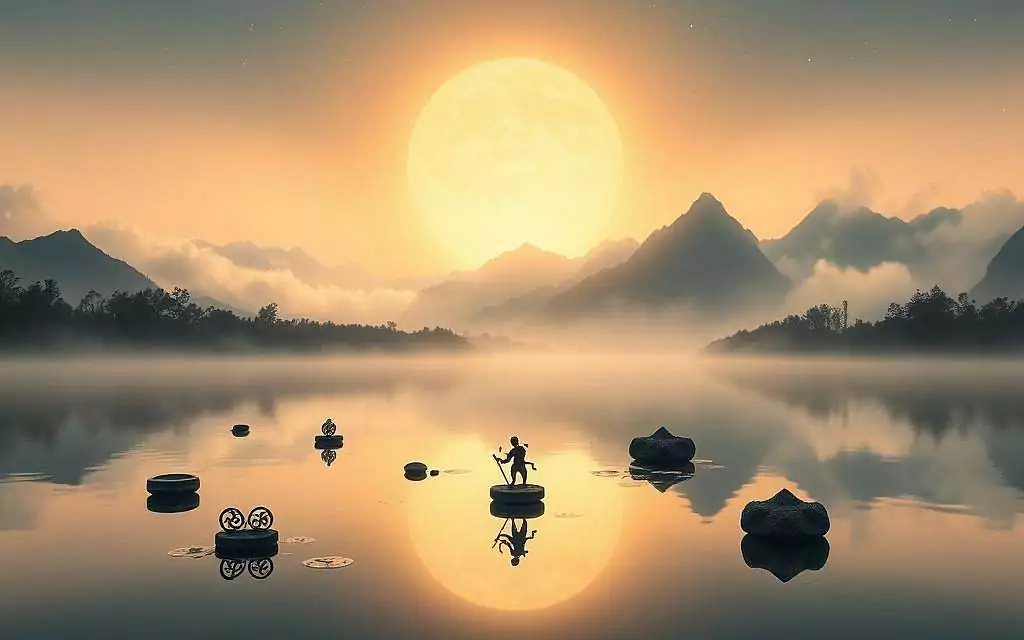 A serene, harmonious landscape depicting the parallels between the Dao De Jing and other philosophical traditions. In the foreground, a tranquil pond reflects the intertwining paths of Taoism, Buddhism, Confucianism, and Western philosophies, each represented by iconic symbols floating on the surface. In the middle ground, towering mountains shrouded in mist symbolize the profound mysteries and universal truths shared across these diverse belief systems. The background features a glowing celestial sky, hinting at the cosmic and spiritual dimensions underlying these philosophical convergences. The scene is bathed in a warm, ethereal light, conveying a sense of contemplation, harmony, and the timeless wisdom of these enduring traditions. A serene, harmonious landscape depicting the parallels between the Dao De Jing and other philosophical traditions. In the foreground, a tranquil pond reflects the intertwining paths of Taoism, Buddhism, Confucianism, and Western philosophies, each represented by iconic symbols floating on the surface. In the middle ground, towering mountains shrouded in mist symbolize the profound mysteries and universal truths shared across these diverse belief systems. The background features a glowing celestial sky, hinting at the cosmic and spiritual dimensions underlying these philosophical convergences. The scene is bathed in a warm, ethereal light, conveying a sense of contemplation, harmony, and the timeless wisdom of these enduring traditions.