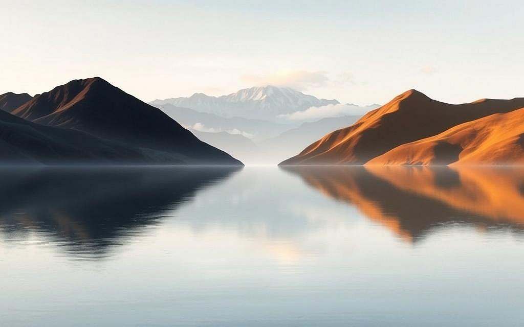 A serene, harmonious landscape depicting the Yin and Yang principle of Daoism. In the foreground, a tranquil lake reflects the dualistic forces of light and dark, day and night, male and female. Flanking the lake are two symmetrical, gently rolling hills, one in shadow and the other bathed in warm, golden light. The background features a mountainous horizon, its peaks shrouded in wispy clouds. The overall atmosphere is one of balance, interconnectedness, and the eternal cycle of change. The image is rendered with a soft, painterly aesthetic and a subtle, muted color palette to evoke the contemplative spirit of Daoist philosophy. A serene, harmonious landscape depicting the Yin and Yang principle of Daoism. In the foreground, a tranquil lake reflects the dualistic forces of light and dark, day and night, male and female. Flanking the lake are two symmetrical, gently rolling hills, one in shadow and the other bathed in warm, golden light. The background features a mountainous horizon, its peaks shrouded in wispy clouds. The overall atmosphere is one of balance, interconnectedness, and the eternal cycle of change. The image is rendered with a soft, painterly aesthetic and a subtle, muted color palette to evoke the contemplative spirit of Daoist philosophy.