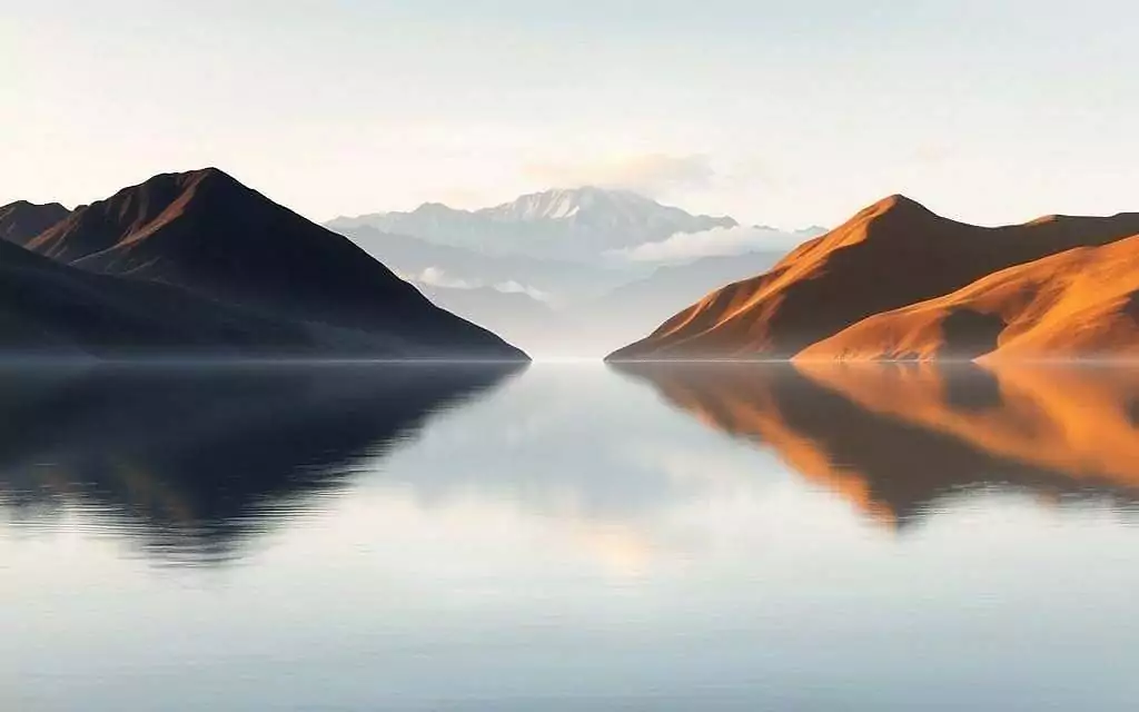 A serene, harmonious landscape depicting the Yin and Yang principle of Daoism. In the foreground, a tranquil lake reflects the dualistic forces of light and dark, day and night, male and female. Flanking the lake are two symmetrical, gently rolling hills, one in shadow and the other bathed in warm, golden light. The background features a mountainous horizon, its peaks shrouded in wispy clouds. The overall atmosphere is one of balance, interconnectedness, and the eternal cycle of change. The image is rendered with a soft, painterly aesthetic and a subtle, muted color palette to evoke the contemplative spirit of Daoist philosophy. A serene, harmonious landscape depicting the Yin and Yang principle of Daoism. In the foreground, a tranquil lake reflects the dualistic forces of light and dark, day and night, male and female. Flanking the lake are two symmetrical, gently rolling hills, one in shadow and the other bathed in warm, golden light. The background features a mountainous horizon, its peaks shrouded in wispy clouds. The overall atmosphere is one of balance, interconnectedness, and the eternal cycle of change. The image is rendered with a soft, painterly aesthetic and a subtle, muted color palette to evoke the contemplative spirit of Daoist philosophy.