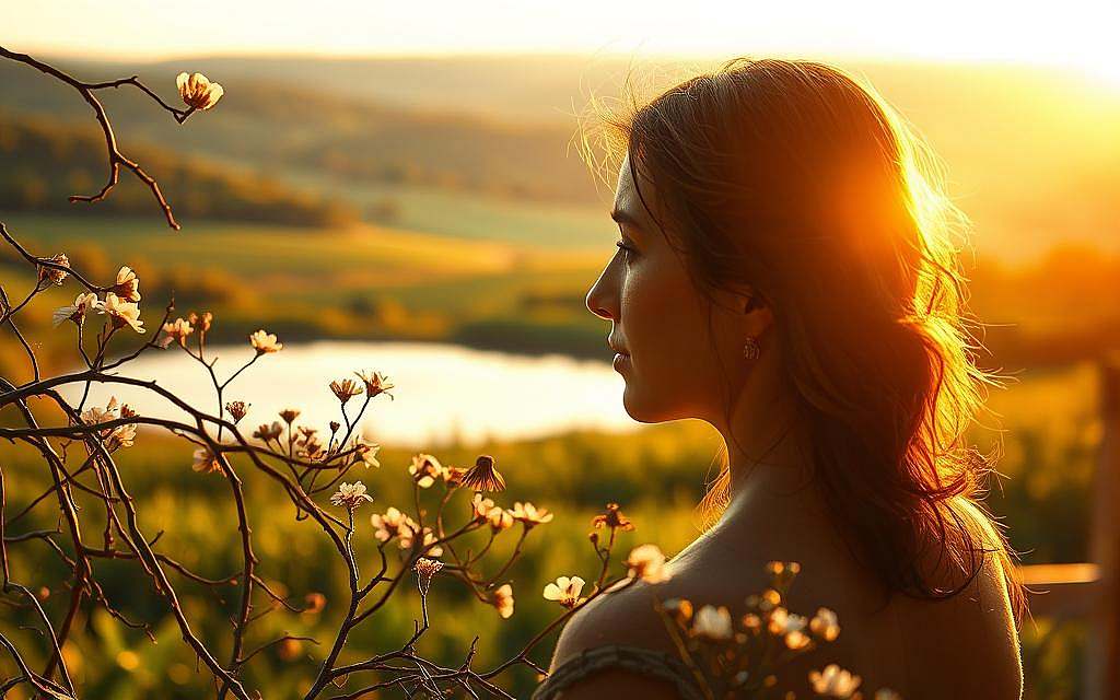 A serene, introspective scene of a person gazing inward, surrounded by symbolic elements representing the journey of self-discovery and interpersonal relationships. Warm, golden lighting bathes the figure, creating a contemplative atmosphere. In the foreground, delicate flowers and tangled vines suggest the intertwined nature of personal growth and connections with others. The middle ground features a tranquil body of water, mirroring the person's reflection and the duality of the inner and outer self. In the background, a lush, verdant landscape with a distant horizon line conveys a sense of expansiveness and the vastness of the self-exploration process. The overall composition evokes a serene, meditative mood, capturing the essence of "Beziehungen und Selbstfindung." A serene, introspective scene of a person gazing inward, surrounded by symbolic elements representing the journey of self-discovery and interpersonal relationships. Warm, golden lighting bathes the figure, creating a contemplative atmosphere. In the foreground, delicate flowers and tangled vines suggest the intertwined nature of personal growth and connections with others. The middle ground features a tranquil body of water, mirroring the person's reflection and the duality of the inner and outer self. In the background, a lush, verdant landscape with a distant horizon line conveys a sense of expansiveness and the vastness of the self-exploration process. The overall composition evokes a serene, meditative mood, capturing the essence of "Beziehungen und Selbstfindung."