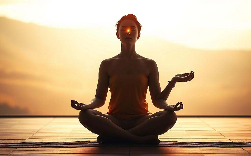 A serene, introspective scene of a person in deep meditation, their third eye (Ajna chakra) glowing softly. The figure sits cross-legged, eyes closed, palms upturned in a posture of release and receptivity. Warm, diffused lighting bathes the space, evoking a sense of tranquility and inner awakening. Wisps of energy radiate outward, symbolizing the unblocking and activation of the Ajna chakra. The background is a softly blurred, ethereal landscape, hinting at the expanded consciousness and heightened intuition that can be accessed through this chakra's healing. An air of serenity and spiritual insight permeates the entire composition. A serene, introspective scene of a person in deep meditation, their third eye (Ajna chakra) glowing softly. The figure sits cross-legged, eyes closed, palms upturned in a posture of release and receptivity. Warm, diffused lighting bathes the space, evoking a sense of tranquility and inner awakening. Wisps of energy radiate outward, symbolizing the unblocking and activation of the Ajna chakra. The background is a softly blurred, ethereal landscape, hinting at the expanded consciousness and heightened intuition that can be accessed through this chakra's healing. An air of serenity and spiritual insight permeates the entire composition.