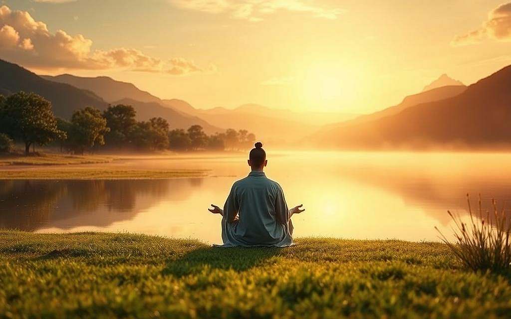 A serene landscape bathed in a warm, golden glow, with a tranquil pond reflecting the sky and mountains in the distance. In the foreground, a solitary figure sits in a state of profound contemplation, embodying the essence of Wu Wei - the art of effortless action, of being rather than doing. The figure's pose is one of relaxed, meditative stillness, their robes gently flowing in a gentle breeze. The surrounding environment is lush and verdant, conveying a sense of harmony and balance between the human and the natural world. The scene is captured with a soft, dreamlike quality, inviting the viewer to enter a state of peaceful introspection. A serene landscape bathed in a warm, golden glow, with a tranquil pond reflecting the sky and mountains in the distance. In the foreground, a solitary figure sits in a state of profound contemplation, embodying the essence of Wu Wei - the art of effortless action, of being rather than doing. The figure's pose is one of relaxed, meditative stillness, their robes gently flowing in a gentle breeze. The surrounding environment is lush and verdant, conveying a sense of harmony and balance between the human and the natural world. The scene is captured with a soft, dreamlike quality, inviting the viewer to enter a state of peaceful introspection.