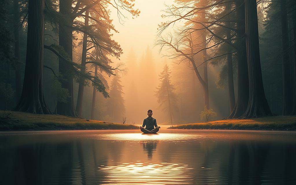 A serene landscape, bathed in a warm, golden light. In the foreground, a tranquil pond reflects the surrounding forest, its surface unbroken save for the gentle ripples. Towering, ancient trees line the shore, their branches reaching skyward, conveying a sense of timelessness and inner peace. In the middle ground, a lone figure sits in a meditative pose, legs crossed and hands resting on their lap, their face serene and contemplative. The atmosphere is one of profound harmony, with a soft, diffuse light enveloping the scene, creating a sense of tranquility and spiritual connection. The overall mood is one of introspection, balance, and the pursuit of inner enlightenment. A serene landscape, bathed in a warm, golden light. In the foreground, a tranquil pond reflects the surrounding forest, its surface unbroken save for the gentle ripples. Towering, ancient trees line the shore, their branches reaching skyward, conveying a sense of timelessness and inner peace. In the middle ground, a lone figure sits in a meditative pose, legs crossed and hands resting on their lap, their face serene and contemplative. The atmosphere is one of profound harmony, with a soft, diffuse light enveloping the scene, creating a sense of tranquility and spiritual connection. The overall mood is one of introspection, balance, and the pursuit of inner enlightenment.