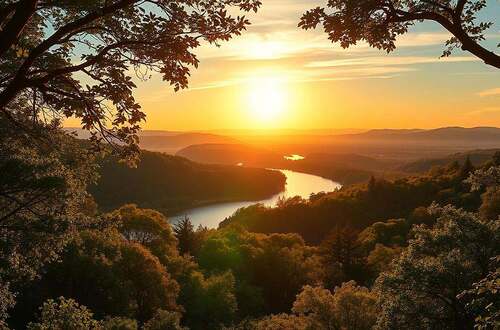 A serene landscape bathed in the warm glow of a setting sun, showcasing the intricate tapestry of nature. In the foreground, a lush forest canopy with vibrant foliage, hinting at the underlying patterns and organization that govern the natural world. The middle ground reveals a gently winding river, its smooth surface reflecting the heavens above, suggesting a sense of balance and harmony. In the distance, rolling hills and mountains rise, their majestic silhouettes evoking a sense of purposeful design. The entire scene is imbued with a sense of tranquility and awe, inviting the viewer to contemplate the profound implications of teleology and intentionality in the natural order.