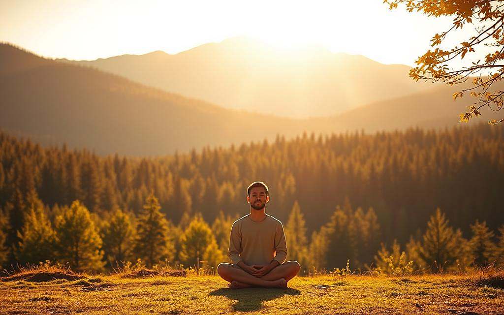 A serene landscape bathed in warm, golden light. In the foreground, a solitary figure sits cross-legged, eyes closed, their face emanating a deep sense of inner peace and presence. The middle ground reveals a lush, verdant forest, its canopy filtering the sunlight into a gentle, diffused glow. In the distance, a majestic mountain range rises, its peaks capped with pristine snow. The overall atmosphere is one of tranquility, inviting the viewer to pause, breathe, and connect with the present moment. A sense of Achtsamkeit, or mindful awareness, permeates the scene. A serene landscape bathed in warm, golden light. In the foreground, a solitary figure sits cross-legged, eyes closed, their face emanating a deep sense of inner peace and presence. The middle ground reveals a lush, verdant forest, its canopy filtering the sunlight into a gentle, diffused glow. In the distance, a majestic mountain range rises, its peaks capped with pristine snow. The overall atmosphere is one of tranquility, inviting the viewer to pause, breathe, and connect with the present moment. A sense of Achtsamkeit, or mindful awareness, permeates the scene.