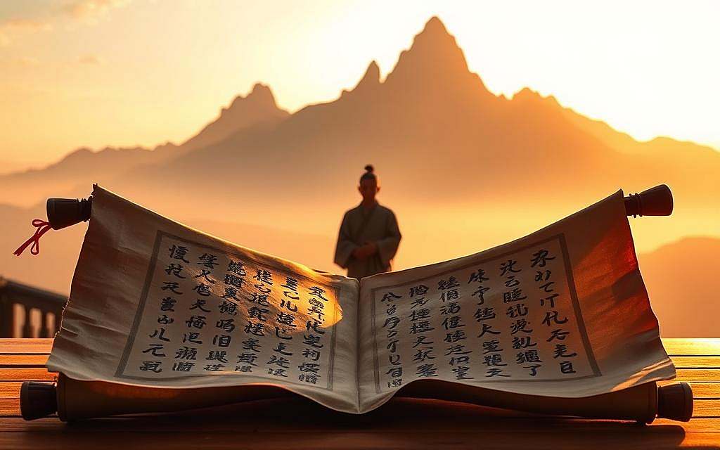 A serene landscape, bathed in warm, golden light, unfurls before the viewer. In the foreground, a weathered, ancient scroll lies open, its calligraphic characters seemingly glowing with an ethereal energy. Behind it, a majestic mountain range rises, their jagged peaks piercing the tranquil sky. In the middle ground, a solitary figure, clad in traditional Taoist robes, stands in contemplation, their face obscured, their gaze directed inward. The scene conveys a sense of timelessness, a harmony between the physical and the spiritual, inviting the viewer to ponder the enduring relevance of the Dao De Jing's wisdom in the modern age. A serene landscape, bathed in warm, golden light, unfurls before the viewer. In the foreground, a weathered, ancient scroll lies open, its calligraphic characters seemingly glowing with an ethereal energy. Behind it, a majestic mountain range rises, their jagged peaks piercing the tranquil sky. In the middle ground, a solitary figure, clad in traditional Taoist robes, stands in contemplation, their face obscured, their gaze directed inward. The scene conveys a sense of timelessness, a harmony between the physical and the spiritual, inviting the viewer to ponder the enduring relevance of the Dao De Jing's wisdom in the modern age.