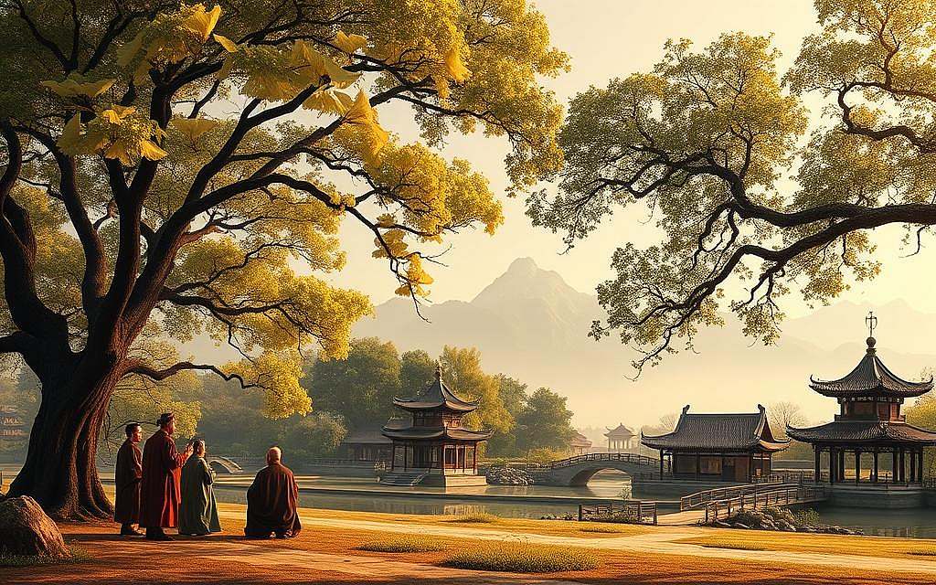 A serene landscape depicting the Dao De Jing Gesellschaft, or the "Dao De Jing Society". In the foreground, a group of scholars and philosophers gather under the shade of ancient ginkgo trees, engaged in deep discussion, their robes flowing gently in the breeze. The middle ground reveals a traditional Chinese garden, complete with a tranquil pond, stone bridges, and ornamental pavilions. In the background, the iconic mountains of the Chinese landscape rise majestically, their peaks shrouded in mist, conveying a sense of timelessness and spiritual contemplation. The scene is bathed in warm, diffused lighting, creating a serene and contemplative atmosphere, reflective of the profound wisdom and insights found within the Dao De Jing. A serene landscape depicting the Dao De Jing Gesellschaft, or the "Dao De Jing Society". In the foreground, a group of scholars and philosophers gather under the shade of ancient ginkgo trees, engaged in deep discussion, their robes flowing gently in the breeze. The middle ground reveals a traditional Chinese garden, complete with a tranquil pond, stone bridges, and ornamental pavilions. In the background, the iconic mountains of the Chinese landscape rise majestically, their peaks shrouded in mist, conveying a sense of timelessness and spiritual contemplation. The scene is bathed in warm, diffused lighting, creating a serene and contemplative atmosphere, reflective of the profound wisdom and insights found within the Dao De Jing.