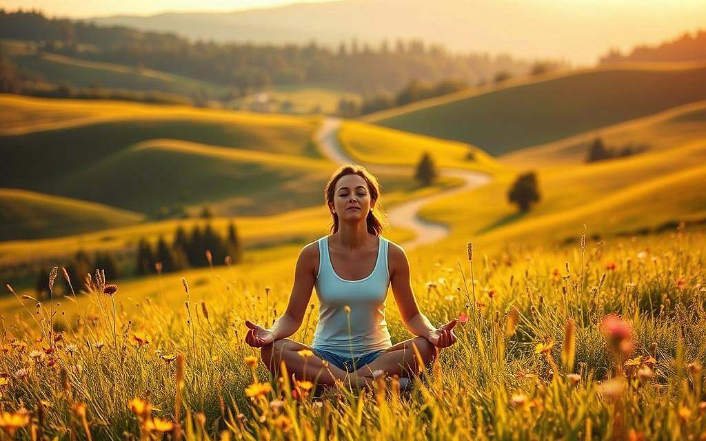 A serene meadow bathed in warm, golden sunlight. In the foreground, a person sits cross-legged, eyes closed in deep contemplation, their face radiating a sense of tranquility and inner peace. Surrounding them, vibrant wildflowers sway gently in a light breeze. In the middle ground, a winding path leads towards a distant, verdant forest, hinting at the journey of self-discovery. The background is a panoramic vista of rolling hills, their slopes painted in hues of green and dotted with the occasional tree. The overall atmosphere is one of harmony, introspection, and the profound connection between one's thoughts and their happiness. A serene meadow bathed in warm, golden sunlight. In the foreground, a person sits cross-legged, eyes closed in deep contemplation, their face radiating a sense of tranquility and inner peace. Surrounding them, vibrant wildflowers sway gently in a light breeze. In the middle ground, a winding path leads towards a distant, verdant forest, hinting at the journey of self-discovery. The background is a panoramic vista of rolling hills, their slopes painted in hues of green and dotted with the occasional tree. The overall atmosphere is one of harmony, introspection, and the profound connection between one's thoughts and their happiness.