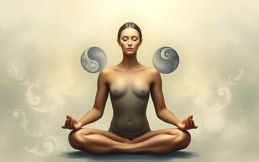 A serene, meditative figure embodying the duality of masculine and feminine energies. In the foreground, the figure sits in a lotus position, their face expressing a sense of inner peace and spiritual transcendence. Soft, diffused lighting illuminates their androgynous features, blending masculine and feminine characteristics. In the middle ground, abstract shapes and symbols representing the interplay of yin and yang, the intertwining of spirituality and gender identity. The background is shrouded in a mist-like atmosphere, evoking a sense of the mystical and the ineffable. Rendered with a painterly, ethereal quality, the image conveys the profound connection between one's spiritual journey and the fluidity of gender expression. A serene, meditative figure embodying the duality of masculine and feminine energies. In the foreground, the figure sits in a lotus position, their face expressing a sense of inner peace and spiritual transcendence. Soft, diffused lighting illuminates their androgynous features, blending masculine and feminine characteristics. In the middle ground, abstract shapes and symbols representing the interplay of yin and yang, the intertwining of spirituality and gender identity. The background is shrouded in a mist-like atmosphere, evoking a sense of the mystical and the ineffable. Rendered with a painterly, ethereal quality, the image conveys the profound connection between one's spiritual journey and the fluidity of gender expression.