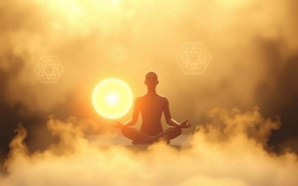 A serene, mystical scene of the Ajna-Chakra, the third eye, radiating a warm, ethereal glow. In the foreground, a glowing orb of light hovers, its soft, pulsing luminescence symbolizing heightened consciousness and spiritual awareness. The middle ground features a meditative figure, seated in a lotus position, their eyes closed as they delve into the depths of their inner wisdom. The background is shrouded in a soft, hazy mist, creating a sense of tranquility and transcendence. Subtle geometric patterns and sacred symbols float in the air, reflecting the connection between the Ajna-Chakra and higher states of consciousness. The lighting is soft and diffused, with a gentle golden hue, lending an air of sacred, otherworldly beauty to the scene. A serene, mystical scene of the Ajna-Chakra, the third eye, radiating a warm, ethereal glow. In the foreground, a glowing orb of light hovers, its soft, pulsing luminescence symbolizing heightened consciousness and spiritual awareness. The middle ground features a meditative figure, seated in a lotus position, their eyes closed as they delve into the depths of their inner wisdom. The background is shrouded in a soft, hazy mist, creating a sense of tranquility and transcendence. Subtle geometric patterns and sacred symbols float in the air, reflecting the connection between the Ajna-Chakra and higher states of consciousness. The lighting is soft and diffused, with a gentle golden hue, lending an air of sacred, otherworldly beauty to the scene.
