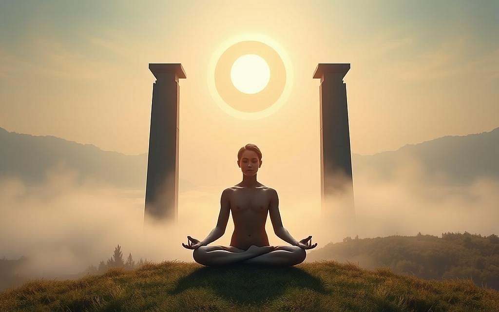 A serene, spiritual landscape depicting the union of masculine and feminine energies. In the foreground, a radiant, androgynous figure sits in a lotus position, emanating an aura of tranquility and enlightenment. Behind them, two towering, intertwining pillars represent the balanced, complementary forces of yin and yang. The background features a misty, ethereal scene with a glowing, celestial orb in the sky, casting a warm, divine light across the entire composition. The lighting is soft and diffused, creating an atmosphere of contemplation and inner peace. Captured with a wide-angle lens to emphasize the expansive, spiritual nature of the scene. A serene, spiritual landscape depicting the union of masculine and feminine energies. In the foreground, a radiant, androgynous figure sits in a lotus position, emanating an aura of tranquility and enlightenment. Behind them, two towering, intertwining pillars represent the balanced, complementary forces of yin and yang. The background features a misty, ethereal scene with a glowing, celestial orb in the sky, casting a warm, divine light across the entire composition. The lighting is soft and diffused, creating an atmosphere of contemplation and inner peace. Captured with a wide-angle lens to emphasize the expansive, spiritual nature of the scene.