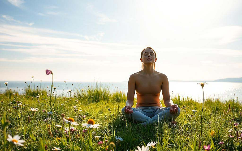 A serene, sun-dappled meadow, lush with wildflowers and verdant grasses. In the foreground, a figure sits in a cross-legged meditation pose, eyes closed, emanating a sense of inner peace and tranquility. Soft, diffused light filters through wispy clouds, casting a warm, golden glow over the scene. In the middle ground, a shimmering lake reflects the cloudless sky, its still waters a mirror of the tranquility within. Surrounding the figure, delicate petals drift on a gentle breeze, symbolizing the beauty and harmony of self-love and inner fulfillment. The overall atmosphere is one of profound contentment, balance, and a deep connection with the self. A serene, sun-dappled meadow, lush with wildflowers and verdant grasses. In the foreground, a figure sits in a cross-legged meditation pose, eyes closed, emanating a sense of inner peace and tranquility. Soft, diffused light filters through wispy clouds, casting a warm, golden glow over the scene. In the middle ground, a shimmering lake reflects the cloudless sky, its still waters a mirror of the tranquility within. Surrounding the figure, delicate petals drift on a gentle breeze, symbolizing the beauty and harmony of self-love and inner fulfillment. The overall atmosphere is one of profound contentment, balance, and a deep connection with the self.