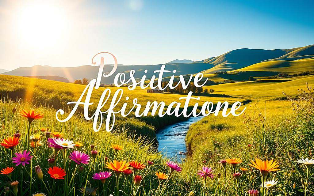A serene, sun-dappled meadow with vibrant wildflowers in the foreground. In the middle ground, a peaceful stream winds through the lush greenery. In the background, rolling hills and a clear, azure sky. Glowing golden light filters through the scene, creating a warm, uplifting atmosphere. At the center, a large, hand-written calligraphic text "Positive Affirmationen" floats, rendered in a flowing, elegant script. The words appear to be made of light, radiating a sense of self-empowerment and inner joy. A serene, sun-dappled meadow with vibrant wildflowers in the foreground. In the middle ground, a peaceful stream winds through the lush greenery. In the background, rolling hills and a clear, azure sky. Glowing golden light filters through the scene, creating a warm, uplifting atmosphere. At the center, a large, hand-written calligraphic text "Positive Affirmationen" floats, rendered in a flowing, elegant script. The words appear to be made of light, radiating a sense of self-empowerment and inner joy.