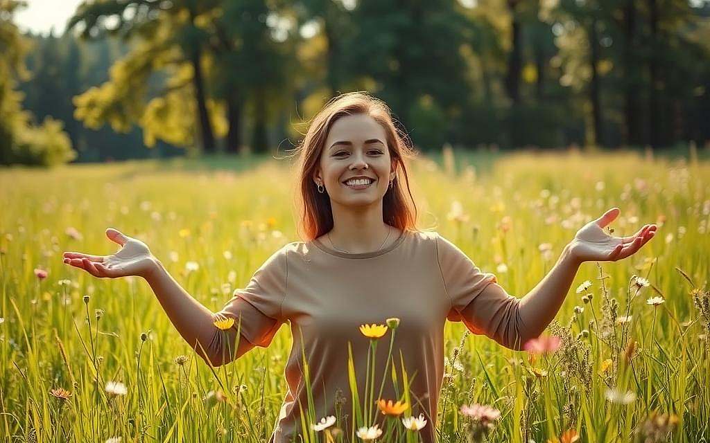 A serene, sunlit meadow, lush with verdant grasses and wildflowers in bloom. A person, their face radiant with a gentle smile, stands amidst the tranquil scene, arms outstretched in a gesture of gratitude and contentment. Soft, warm lighting illuminates their features, casting a glow of inner peace. In the background, a distant forest frames the serene tableau, its leafy canopy dappling the ground with patterns of light and shadow. The overall atmosphere conveys a sense of profound appreciation, of finding true happiness from within, rather than from external sources. The image is a visual embodiment of the article's theme, "Dankbarkeit: Der Schlüssel zu nachhaltigem Glücksgefühl". A serene, sunlit meadow, lush with verdant grasses and wildflowers in bloom. A person, their face radiant with a gentle smile, stands amidst the tranquil scene, arms outstretched in a gesture of gratitude and contentment. Soft, warm lighting illuminates their features, casting a glow of inner peace. In the background, a distant forest frames the serene tableau, its leafy canopy dappling the ground with patterns of light and shadow. The overall atmosphere conveys a sense of profound appreciation, of finding true happiness from within, rather than from external sources. The image is a visual embodiment of the article's theme, "Dankbarkeit: Der Schlüssel zu nachhaltigem Glücksgefühl".